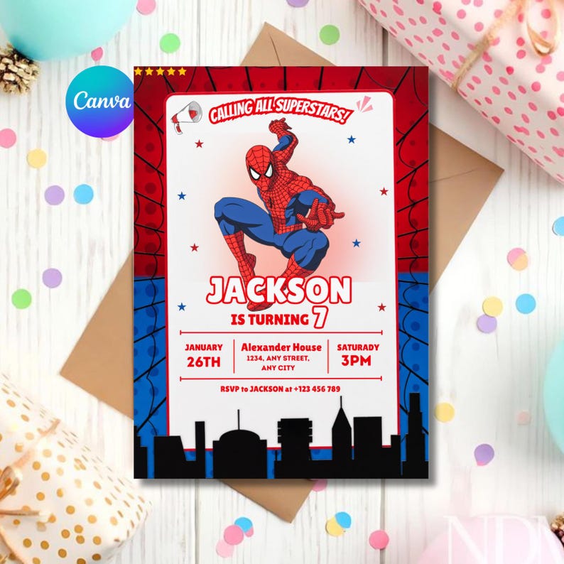 Op de afbeelding: Een verjaardagsuitnodiging met een Spider-Man thema, in rood en blauw. De uitnodiging bevat de tekst "Calling All Superstars!" en details voor Jackson's 7e verjaardag, met datum, tijd en locatie.