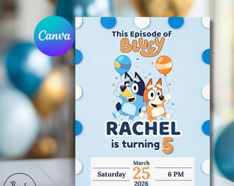 Bewerkbare Bluey en Bingo-verjaardagsuitnodiging, kinderfeestje (canvasjabloon)