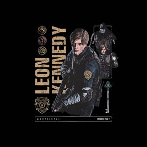 May include: Black graphic tee featuring Leon Kennedy from Resident Evil 2. The design includes a portrait of Leon, the text "LEON KENNEDY", and other game-related imagery. The tee has a vintage, distressed look.