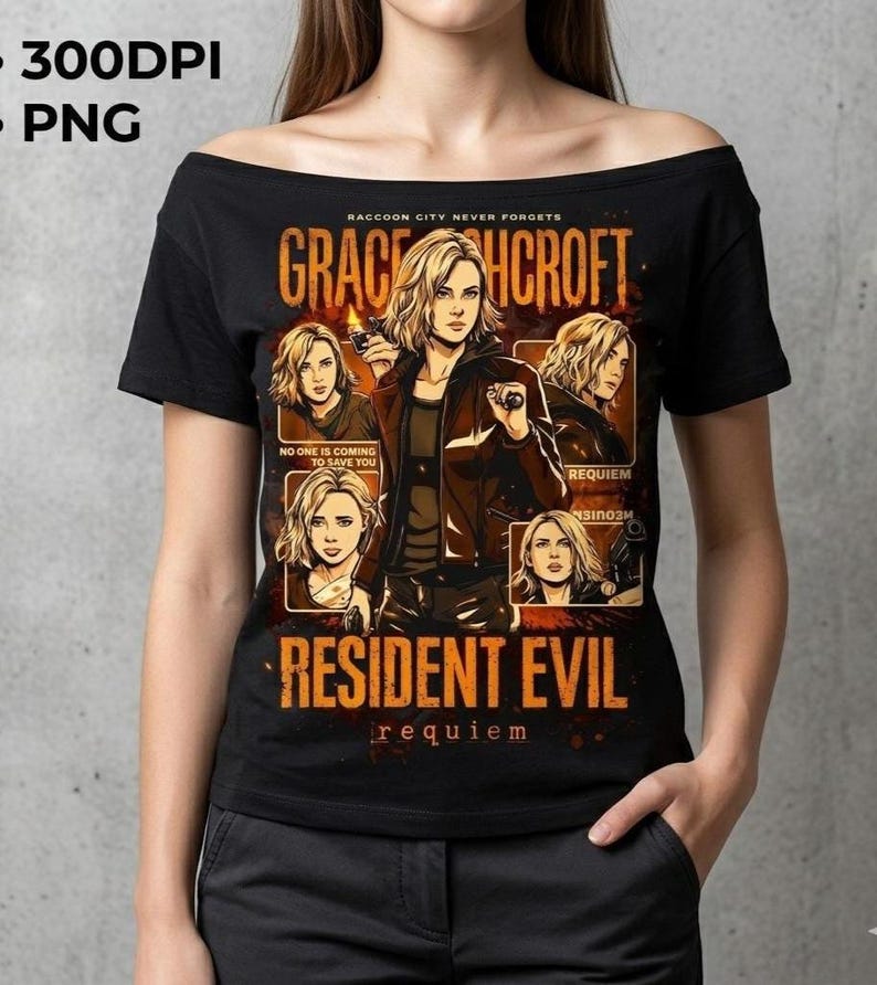 May include: Black off-the-shoulder t-shirt featuring a graphic of a woman with blonde hair, holding a gun, and the text "GRACE HCROFT" and "RESIDENT EVIL REQUIEM". The shirt also has the text "RACCOON CITY NEVER FORGETS" and "NO ONE IS COMING TO SAVE YOU".