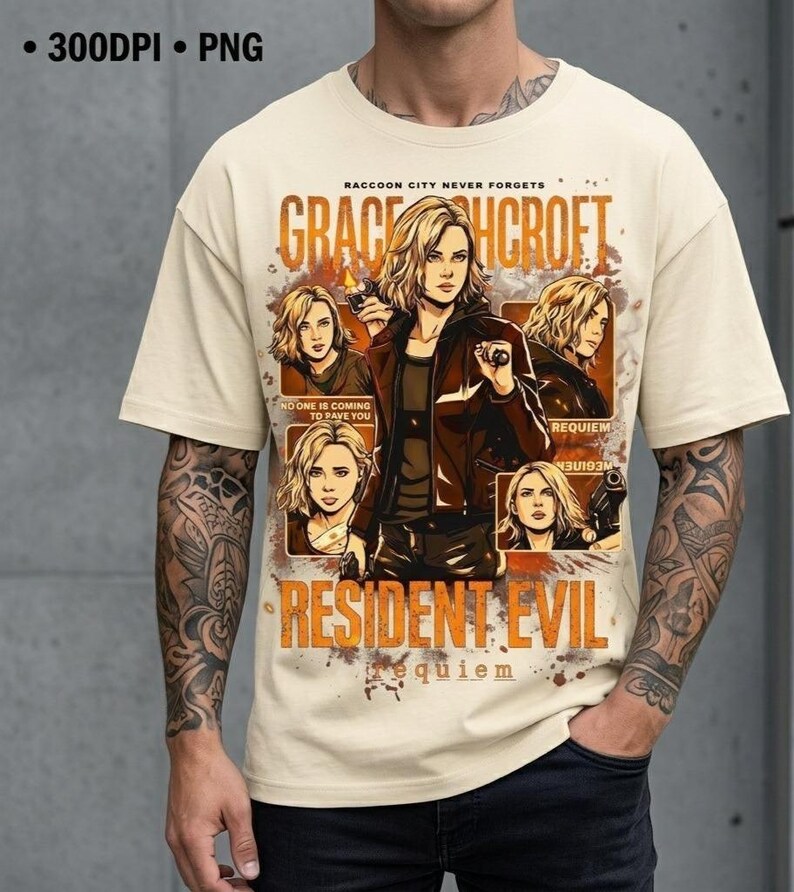 May include: Cream-colored t-shirt featuring a graphic of a woman with the text "GRACE HCROFT" and "RESIDENT EVIL". The design includes multiple images of the woman and the words "RACCOON CITY NEVER FORGETS", "REQUIEM", and "NO ONE IS COMING TO SAVE YOU".