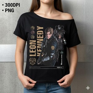May include: Black off-the-shoulder t-shirt featuring a graphic of Leon Kennedy from Resident Evil 2. The design includes the text "LEON KENNEDY" in a vertical, stylized font, along with other character illustrations and the text "RESIDENT EVIL 2".