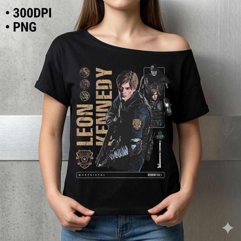 May include: Black off-the-shoulder t-shirt featuring a graphic of Leon Kennedy from Resident Evil 2. The design includes the text "LEON KENNEDY" in a vertical, stylized font, along with other character illustrations and the text "RESIDENT EVIL 2".