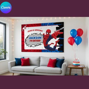 Op de afbeelding: Een spandoek met Spider-Man thema met de tekst "Calling All Superstars! JACKSON 7TH BIRTHDAY." De banner is rood, wit en blauw. Rode en blauwe ballonnen en een verjaardagstaart zijn ook zichtbaar.