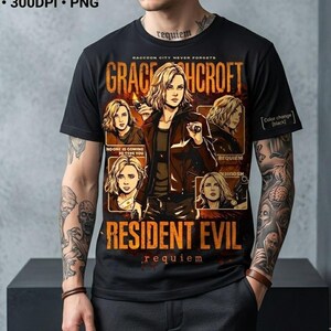 May include: Black t-shirt featuring a graphic of Grace Hcrof from Resident Evil. The design includes the text "GRACE HCROFT" and "RESIDENT EVIL requiem". Additional text includes "RACCOON CITY NEVER FORGETS" and "NO ONE IS COMING TO SAVE YOU".