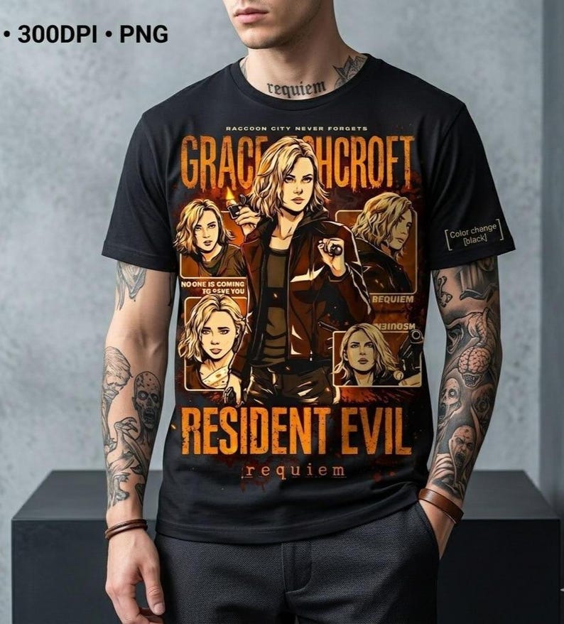 May include: Black t-shirt featuring a graphic of Grace Hcrof from Resident Evil. The design includes the text "GRACE HCROFT" and "RESIDENT EVIL requiem". Additional text includes "RACCOON CITY NEVER FORGETS" and "NO ONE IS COMING TO SAVE YOU".