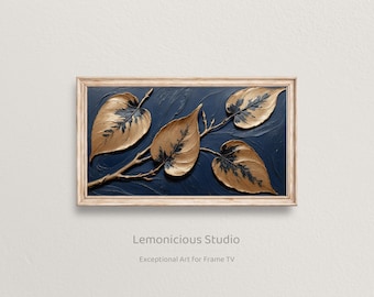 Golden Brown Leaves on Navy Blue Textured Background | Samsung Frame TV Art