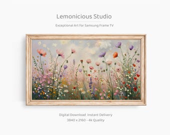 May include: A framed digital art print depicting a colourful wildflower meadow in pinks, purples, reds, and yellows. The artwork has a soft, blurred background and includes the text "Lemonicious Studio" and "Exceptional Art For Samsung Frame TV".