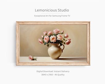 May include: A digital art print in a wooden frame, depicting a still life of pink roses in a cream-coloured vase. The artwork, from "Lemonicious Studio," is set against a neutral backdrop. The print is available for digital download and instant delivery.