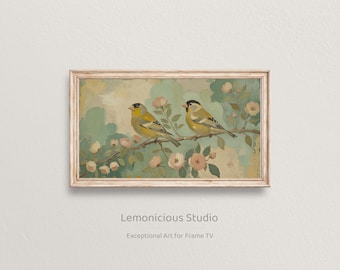 Two Goldfinches on Flowering Branch Vintage Bird Illustration | Samsung Frame TV Art