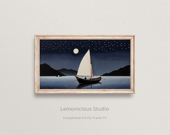 Moonlit Sailboat on Tranquil Lake Night Scene | Samsung Frame TV Art