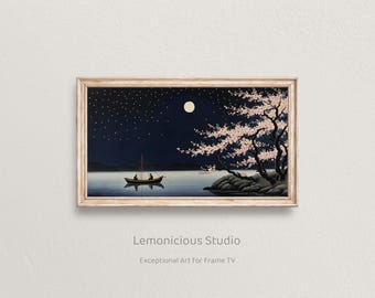 Japanese Cherry Blossom Tree Full Moon Night Boat Scene | Samsung Frame TV Art