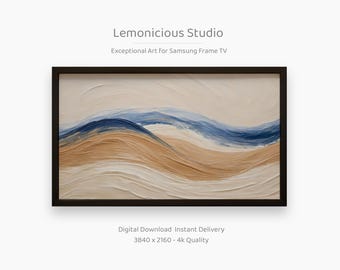 May include: Abstract art print for Samsung Frame TV. The artwork features a textured design with flowing lines in shades of beige, blue, and white, framed in a dark brown border. The text "Lemonicious Studio" and "Exceptional Art For Samsung Frame TV" are visible.