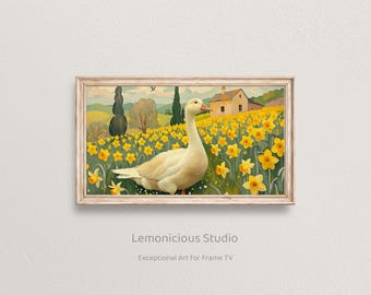White Goose in Yellow Daffodil Field Spring Painting | Samsung Frame TV Art