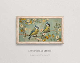 Blue Jay Pair on Flowering Branch Vintage Painting | Samsung Frame TV Art