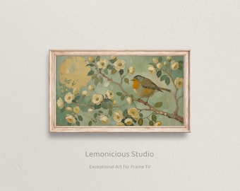 Robin on Flowering Branch Vintage Botanical Painting | Samsung Frame TV Art