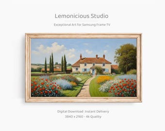May include: A framed digital print of a landscape painting. The artwork shows a house with a red-tiled roof, surrounded by a colourful flower garden and a pathway leading to the front door. The sky is blue with fluffy clouds. Text on the image reads "Lemonicious Studio".