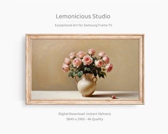 May include: A framed digital art print depicting a vase of pink roses. The vase is cream-colored, set against a light beige backdrop. The artwork is from "Lemonicious Studio" and is described as "Exceptional Art For Samsung Frame TV".