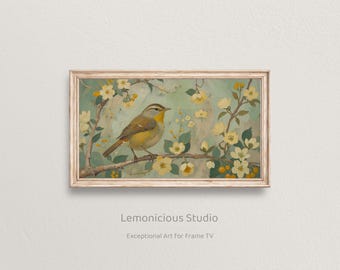 Vintage Yellow Bird on Flowering Branch Botanical Illustration | Samsung Frame TV Art