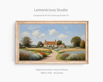 May include: A framed landscape painting depicting a house with a red roof, set amidst vibrant flowers and fields. The sky is blue with white clouds. The artwork is labelled "Lemonicious Studio" and is "Exceptional Art For Samsung Frame TV."