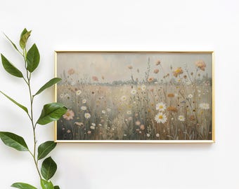 Wildflower Meadow with Daisies and Poppies Soft Misty Field | Samsung Frame TV Art