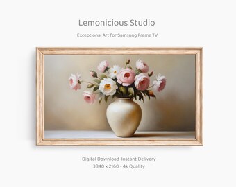 May include: A framed digital art print depicting a vase of pink and white roses. The vase is cream-coloured, and the background is a soft neutral tone. The frame is light wood. The image includes the text "Lemonicious Studio" and "Exceptional Art for Samsung Frame TV."