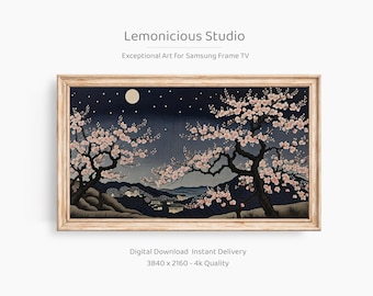 Könnte beinhalten: Gerahmter Digitaldruck mit einer japanischen Landschaft mit Kirschblütenbäumen. Das Kunstwerk zeigt einen dunkelblauen Nachthimmel mit Vollmond und Sternen. Der Text "Lemonicious Studio" und "Exceptional Art For Samsung Frame TV" ist sichtbar.