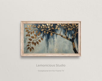 Golden Tree Branch Blue Gray Sky Painting | Samsung Frame TV Art