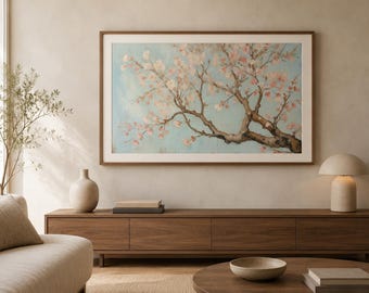 Cherry Blossom Printable Wall Art, Vintage Botanical Landscape Print, Blue and Pink Floral
