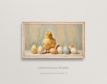 Fluffy Yellow Chick with Decorated Easter Eggs Still Life | Samsung Frame TV Art