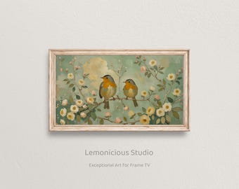 Two Robins on Flowering Branch Vintage Bird Painting | Samsung Frame TV Art