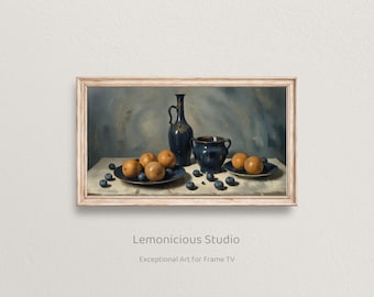 Blue Ceramic Vessels with Oranges and Blueberries Still Life | Samsung Frame TV Art