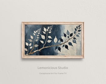 Blue Gray Branch with White and Navy Leaves | Samsung Frame TV Art