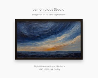 May include: A framed digital art print for Samsung Frame TV. The artwork shows a swirling sky in blue, white, and orange, above a dark blue ocean. The text "Lemonicious Studio" and "Exceptional Art For Samsung Frame TV" are visible.
