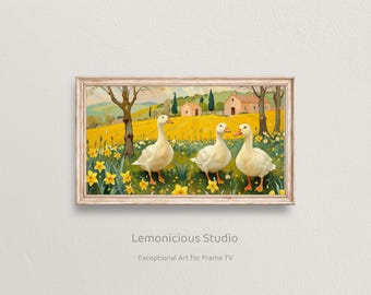 Three White Geese Spring Daffodil Meadow Countryside | Samsung Frame TV Art