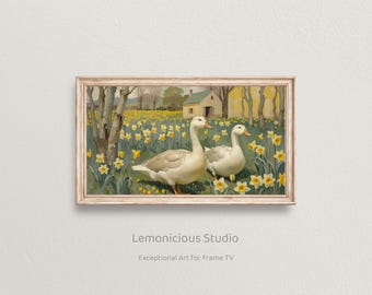White Geese in Spring Daffodil Field Cottage Painting | Samsung Frame TV Art
