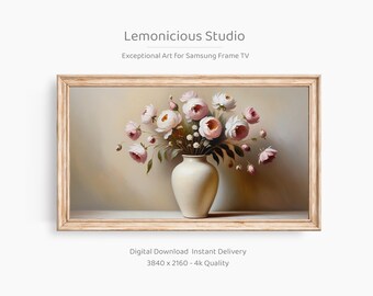 May include: Digital art print of a floral still life. The image shows pink and white peonies in a cream vase, set within a light wood frame. The artwork is from "Lemonicious Studio" and is described as "Exceptional Art For Samsung Frame TV".