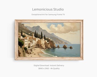 May include: A framed digital print of a coastal scene. The artwork shows a seaside town with buildings, a beach, and mountains. The text "Lemonicious Studio" and "Exceptional Art For Samsung Frame TV" are visible.