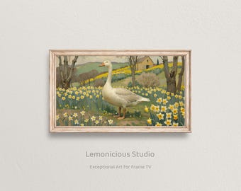 White Goose in Spring Daffodil Field Pastoral Painting | Samsung Frame TV Art