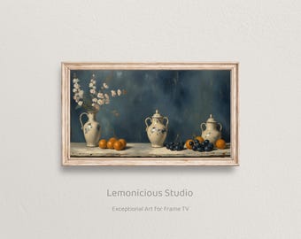 Blue and White Pottery with Orange Fruit Still Life | Samsung Frame TV Art