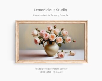 May include: A digital art print in a wooden frame, depicting a vase of pink roses. The artwork, from "Lemonicious Studio," is designed for Samsung Frame TVs. The image includes the text "Digital Download Instant Delivery."
