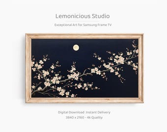 Könnte beinhalten: Digitaler Kunstdruck für Samsung Frame TV. Das Kunstwerk zeigt einen dunkelblauen Hintergrund mit Vollmond und blühenden Zweigen. Der Druck ist in einem hellen Holzrahmen gerahmt. Der Text "Lemonicious Studio" steht oben.