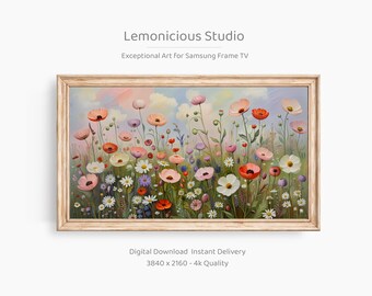 May include: A framed digital art print depicting a field of colourful flowers in shades of pink, red, white, and purple. The artwork is set against a soft, pastel sky and is labelled "Lemonicious Studio". The print is designed for Samsung Frame TV.