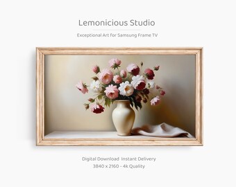 May include: A digital art print in a light wooden frame, depicting a floral still life. The image shows a cream vase overflowing with pink, white, and burgundy flowers. The background is a soft beige. The text on the image reads "Lemonicious Studio".