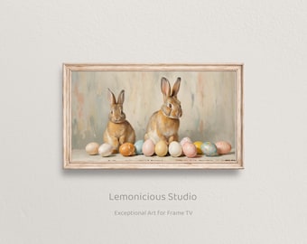 Two Easter Bunnies with Colorful Painted Eggs Spring Art | Samsung Frame TV Art