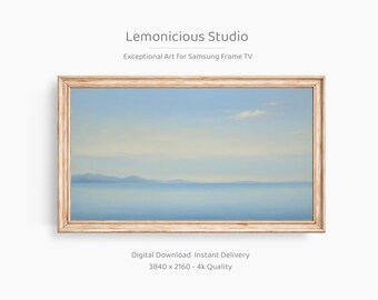 May include: A framed digital art print depicting a tranquil seascape with a pale blue sky and water. The artwork, labelled "Lemonicious Studio," includes the text "Exceptional Art For Samsung Frame TV" and "Digital Download Instant Delivery 3840 x 2160 - 4k Quality."