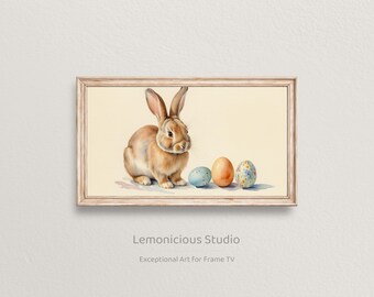 Brown Bunny Rabbit with Easter Eggs Watercolor | Samsung Frame TV Art
