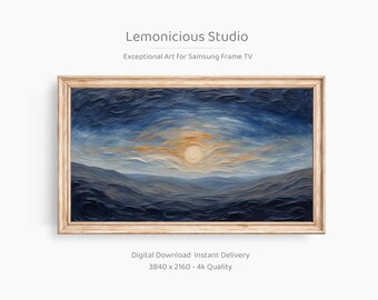 May include: An abstract landscape painting in a light wood frame. The artwork shows a sunset over a dark blue ocean and mountains, with a bright yellow sun in the centre. The text "Lemonicious Studio" and "Exceptional Art For Samsung Frame TV" are at the top.