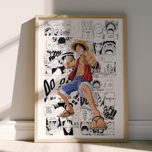 May include: Framed poster featuring a manga-style illustration of a character in a red vest, blue shorts, and straw hat. The background is a collage of black and white comic panels. The character is in a dynamic pose, with a fist raised.