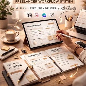 Könnte beinhalten: Ein Arbeitsplatz-Setup mit einem Tablet, das ein Projektdashboard anzeigt, sowie einem Laptop, einem Projektplaner und einer Checkliste. Das Bild enthält den Text "WORK MODE" und "FREELANCER WORKFLOW SYSTEM". Eine Kaffeetasse und ein Stift sind ebenfalls zu sehen.